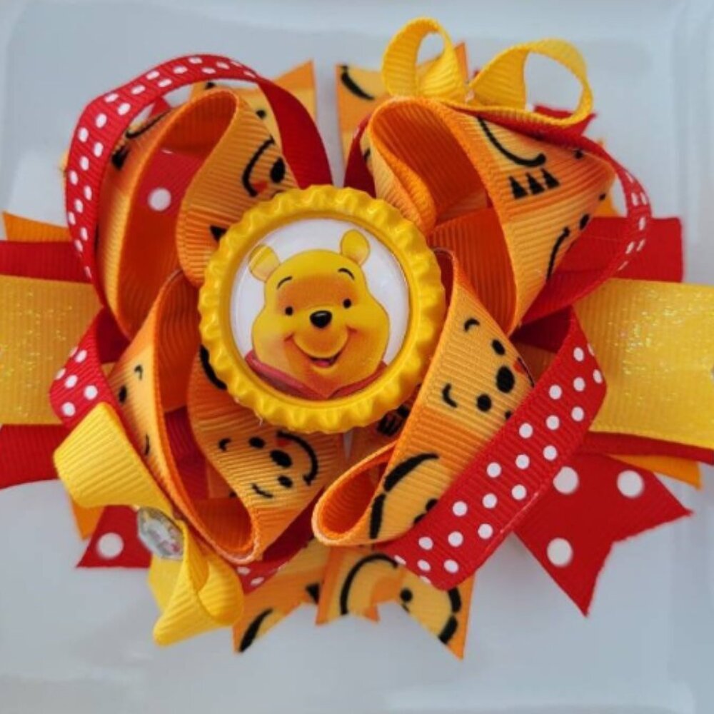 Winnie The Pooh Yellow Orange Red Bottle Cap Hair Bow 5"